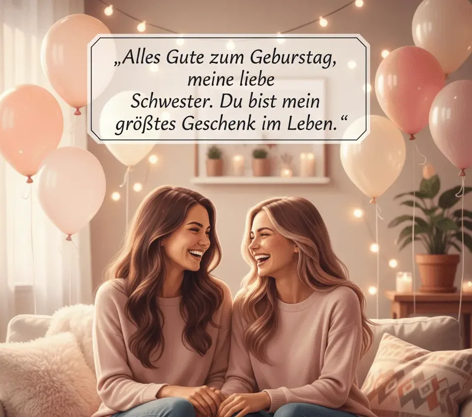 Fröhliches Geburtstagsbild von zwei Schwestern mit Ballons und warmen Pastellfarben.