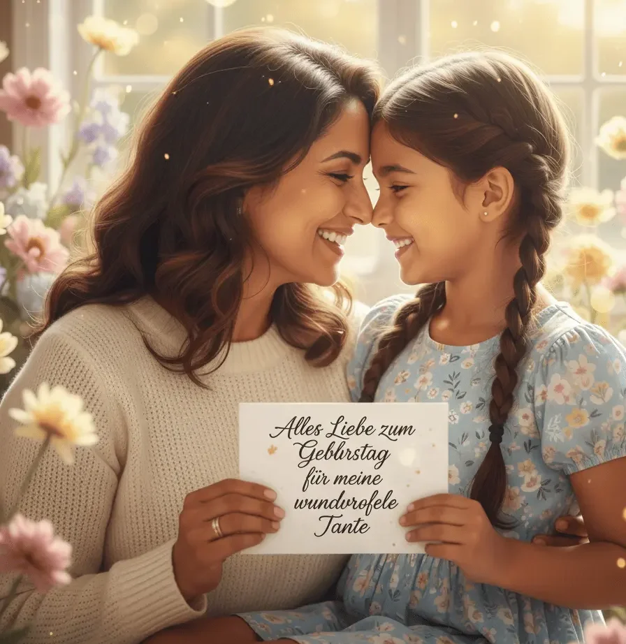 Tante und junges Mädchen lächeln gemeinsam an ihrem Geburtstag vor einem warmen Hintergrund