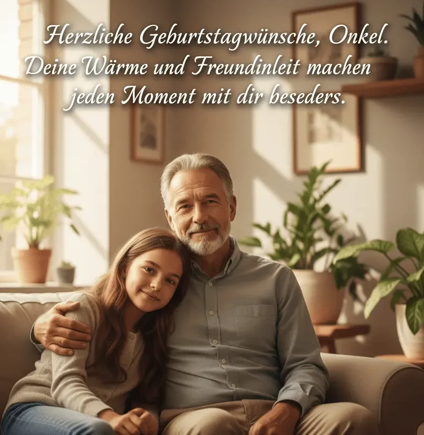 Onkel sitzt mit seiner Nichte in einer gemütlichen häuslichen Geburtstagsszene