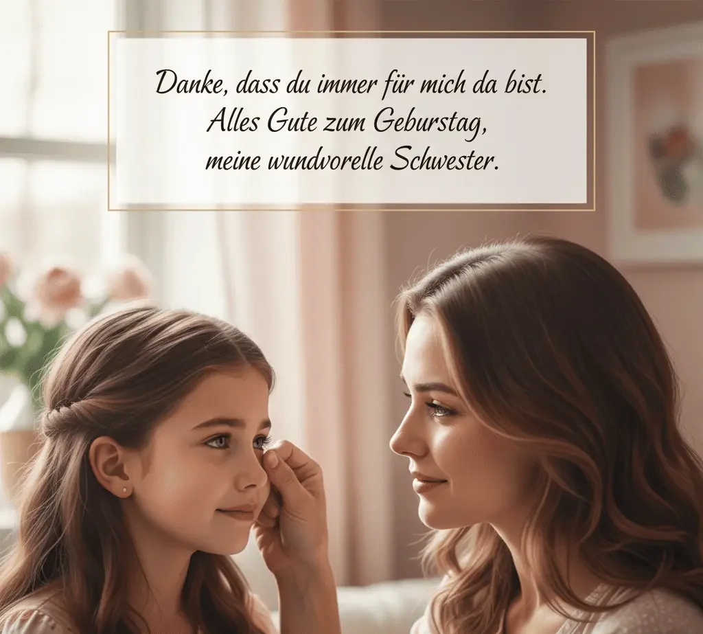 Emotionale Geburtstagsillustration mit tiefer Schwesterbindung und sanften Farbtönen.