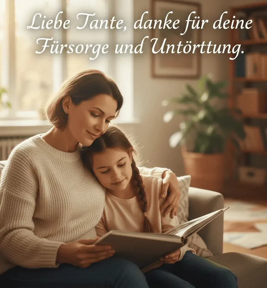 Tante und junges Mädchen sitzen ruhig zusammen in einer warmen Atmosphäre