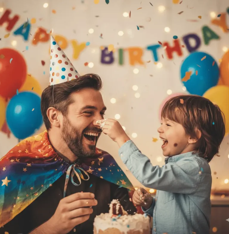 Geburtstagswünsche Onkel, dargestellt durch eine fröhliche Feier mit einem Jungen und bunten Dekorationen