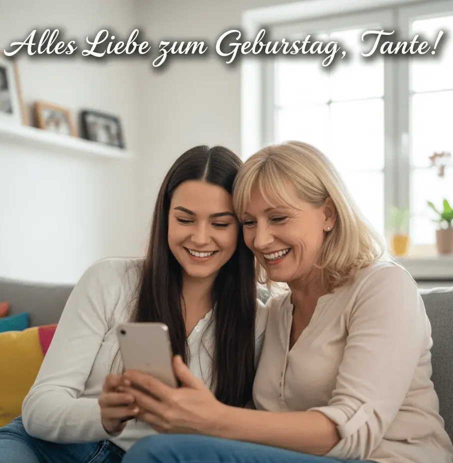 Tante und junges Mädchen lächeln gemeinsam und schauen auf ein Smartphone