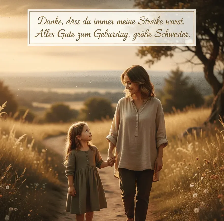Geburtstagsbild der großen Schwester, die die jüngere liebevoll und schützend begleitet.
