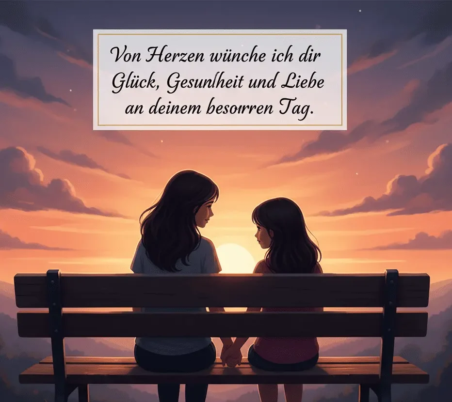 Herzliches Geburtstagsbild von Schwestern beim Sonnenuntergang mit emotionaler Wärme.