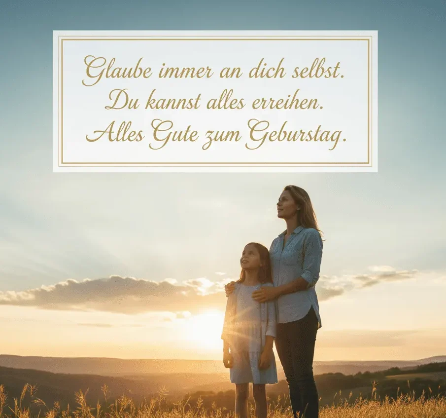 Inspirierende Geburtstagsillustration von Schwestern beim Sonnenaufgang voller Hoffnung.