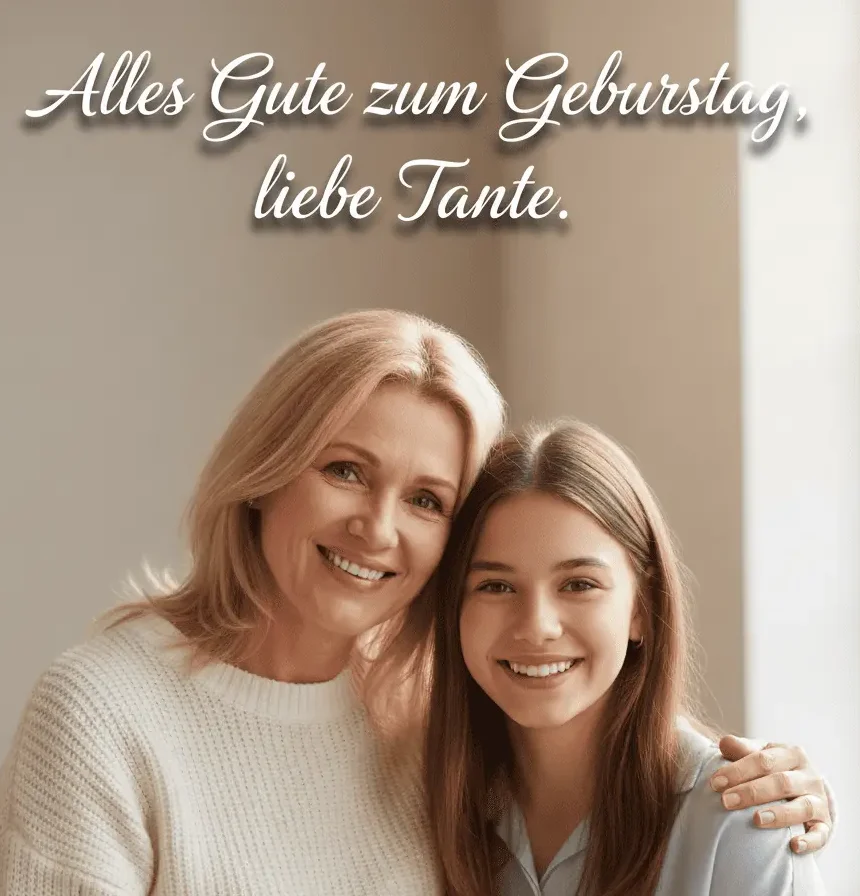 Tante und junges Mädchen lächeln in die Kamera vor einem hellen Hintergrund