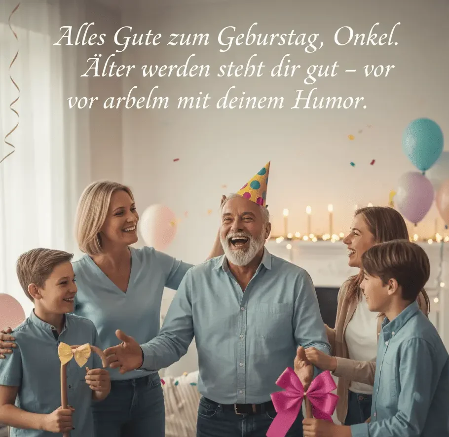Lustige Geburtstagsszene mit einem lachenden Onkel und seiner Familie zu Hause
