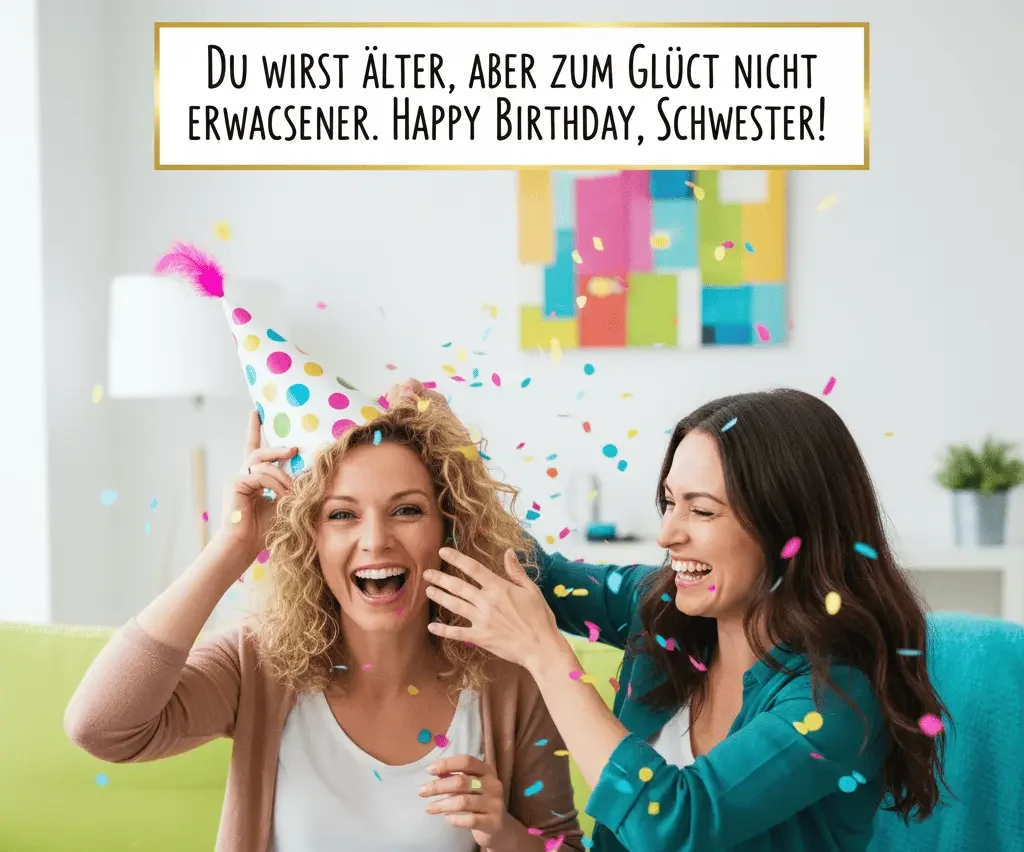 Lustige Geburtstagsillustration von lachenden Schwestern mit fröhlichen Farben.