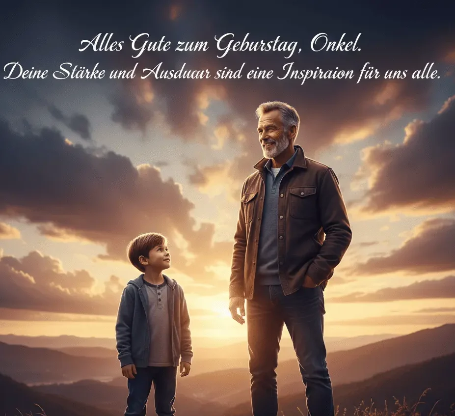 Inspirierendes Geburtstagsbild eines Onkels mit Sonnenaufgang und Neffen an seiner Seite