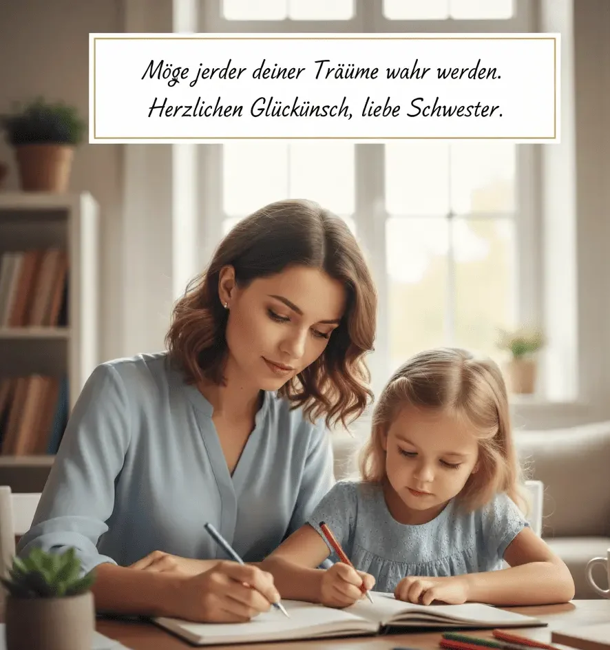 Nachdenkliche Geburtstagsillustration von Schwestern in gemütlicher, ruhiger Umgebung.