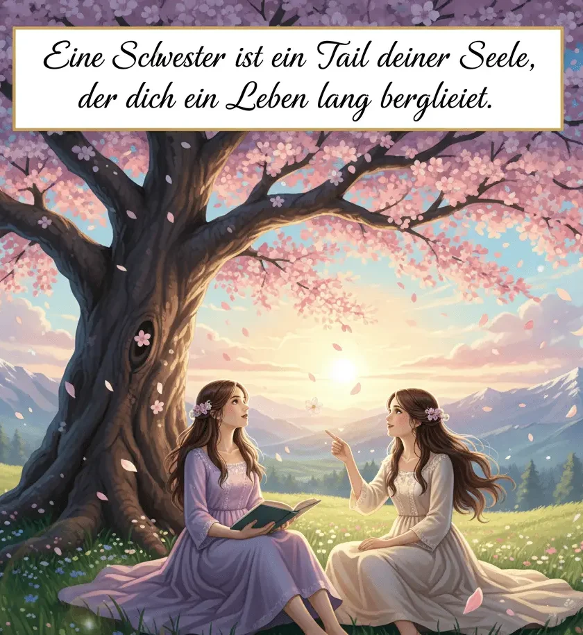 Künstlerisches Geburtstagszitat-Bild von Schwestern unter einem Baum mit ruhiger, poetischer Stimmung.