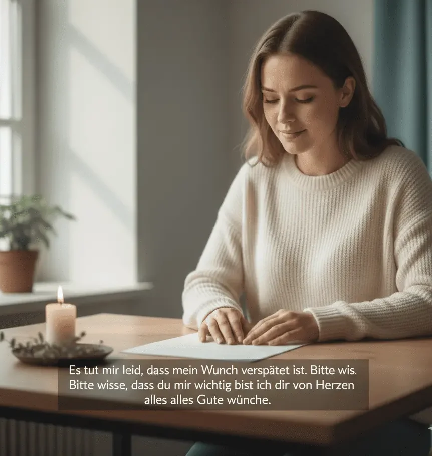 Entschuldigende verspätete Geburtstagsnotiz auf einem handgeschriebenen Brief