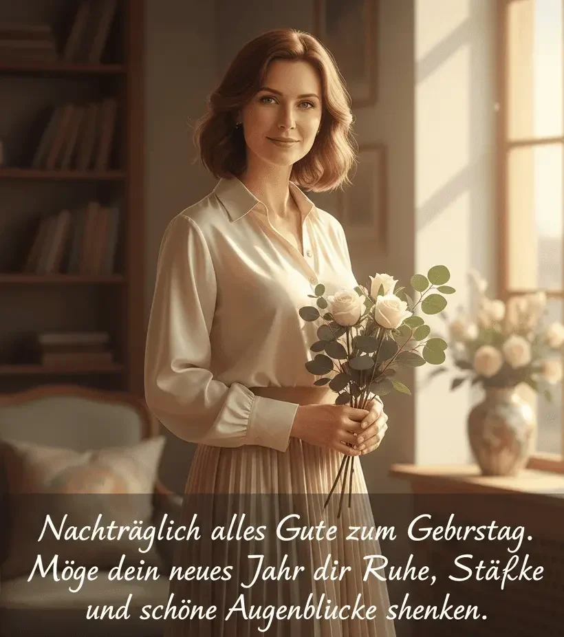 Elegante nachträgliche geburtstagswünsche für Frauen mit Blumen und warmem goldenem Licht