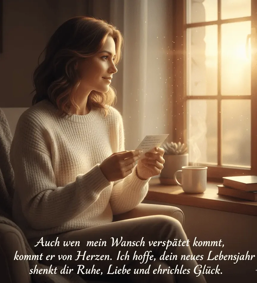 Warme und herzliche nachträgliche geburtstagswünsche Karte mit sanftem Licht und gemütlichem Hintergrund