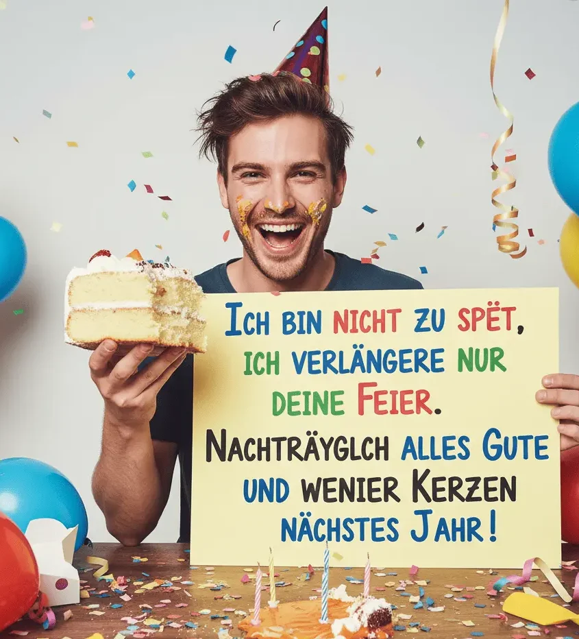 Lustige nachträgliche geburtstagswünsche mit Kuchen, Luftballons und verspielter Partydekoration