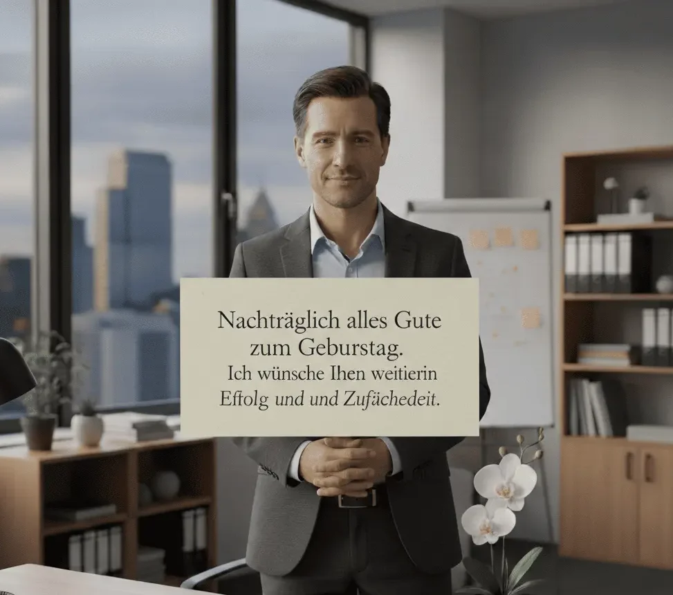 Professionelle nachträgliche geburtstagswünsche im Büro mit sauberem Arbeitsplatz Hintergrund