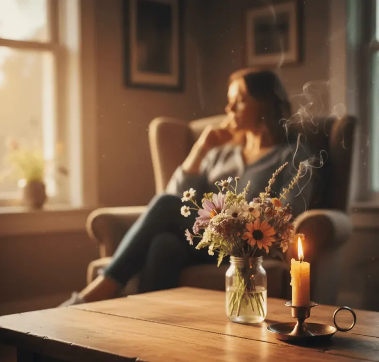 Emotionale nachträgliche Geburtstagswünsche mit Blumen und Kerze im warmen Abendlicht